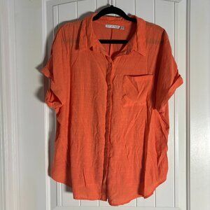 Notations Woman Orange Short Sleeve Button Down Blouse 1X
